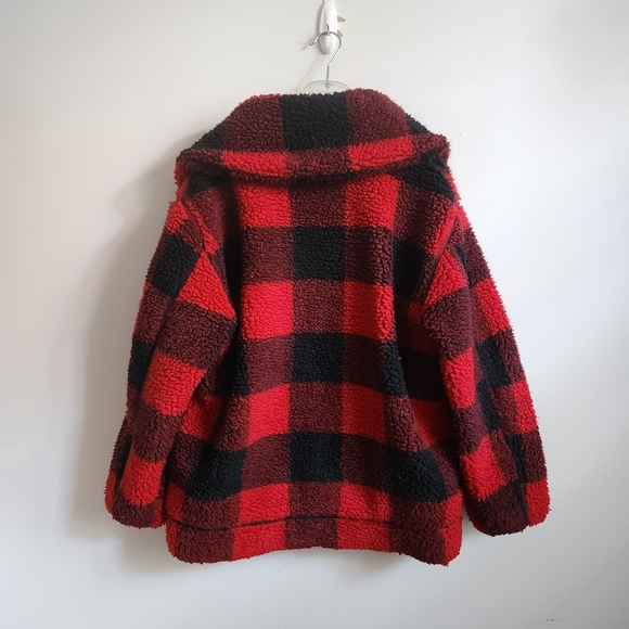 ROOTS Plaid Sherpa Jacket red black sz S - Picture 3 of 6